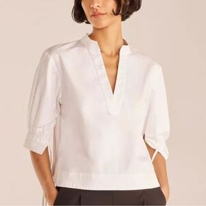 Rebecca Taylor White Short Sleeve V-Neck Twill Blouse | XL